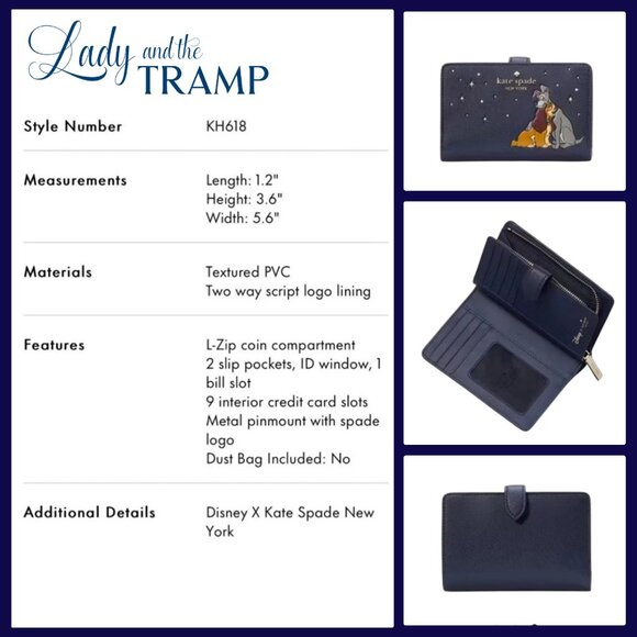 Disney x Kate Spade New York Medium Bifold Wallet KH618 Lady and the Tramp - Picture 2 of 6